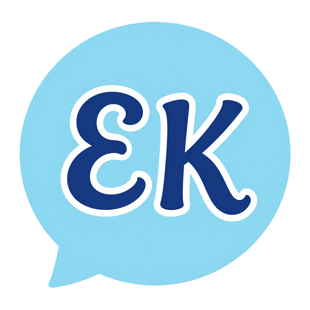 Stylized letters E and K in a light blue text bubble.